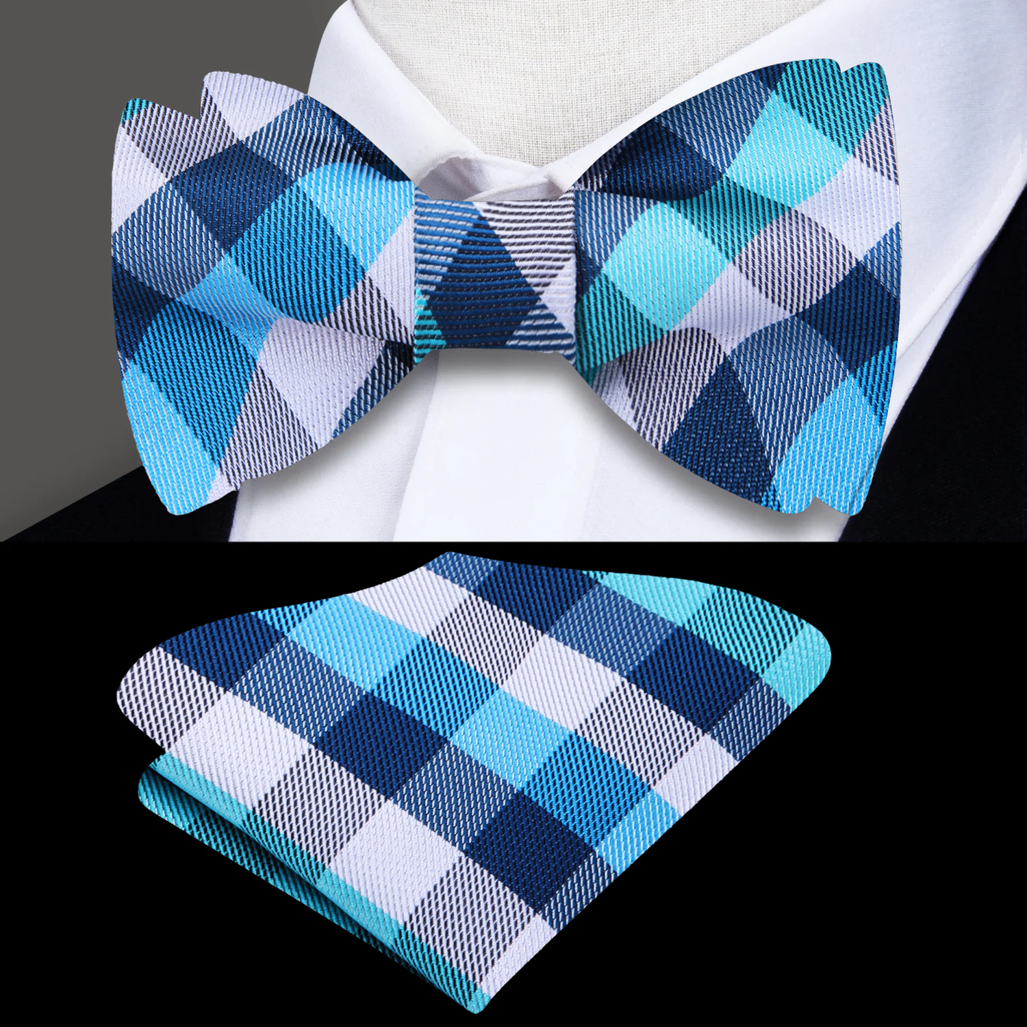 A Light Blue, White Geometric Check Pattern Silk Self Tie Bow Tie, Matching Pocket Square