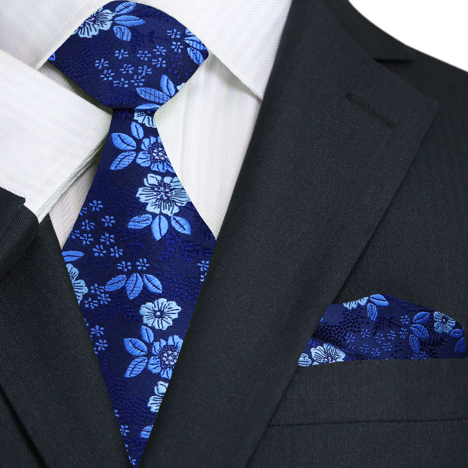 Main View: Shades of Blue Floral Tie and Pocket Square||Blue