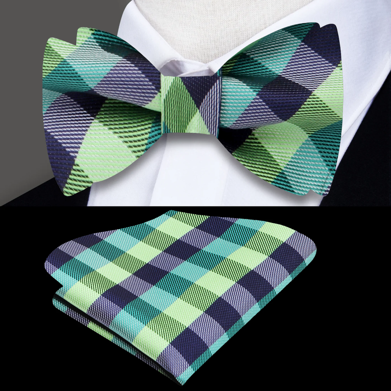 Shades of Green Check Bow Tie and Square