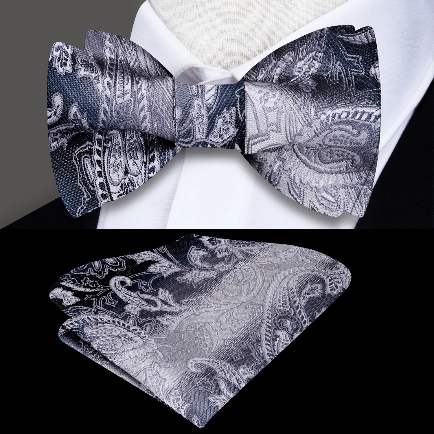 Shades of Silver Paisley Self Tie Bow Tie and Square