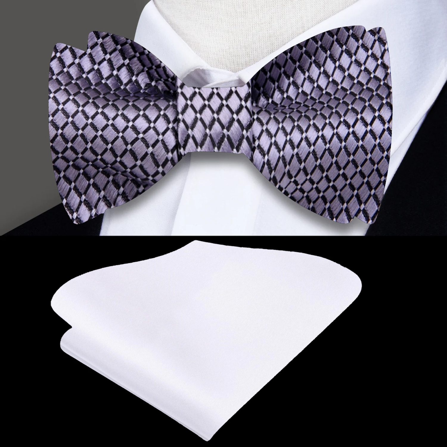 Silver Small Geometric Diamond With Small Dots Pattern Self Tie Bow Tie With Accenting White Pocket Square