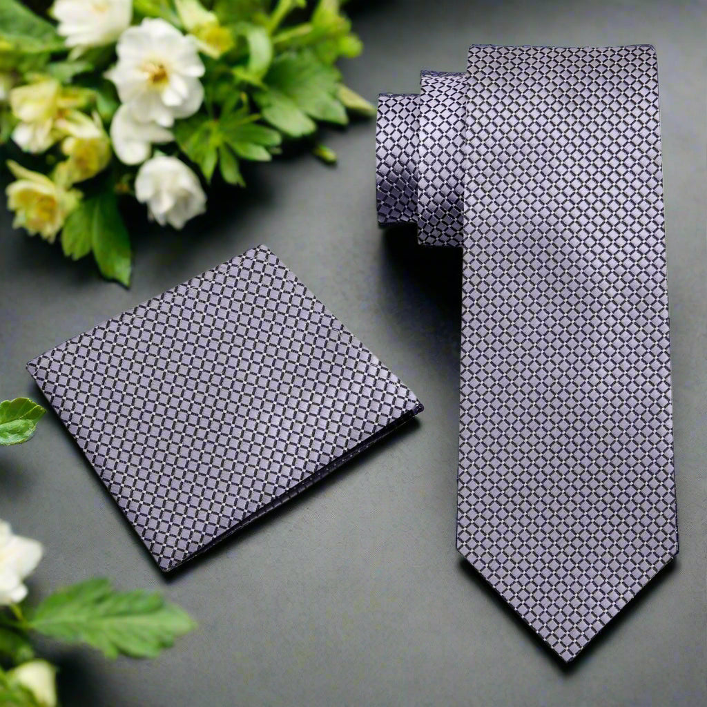 View 2 Silver Geometric Tie and Square