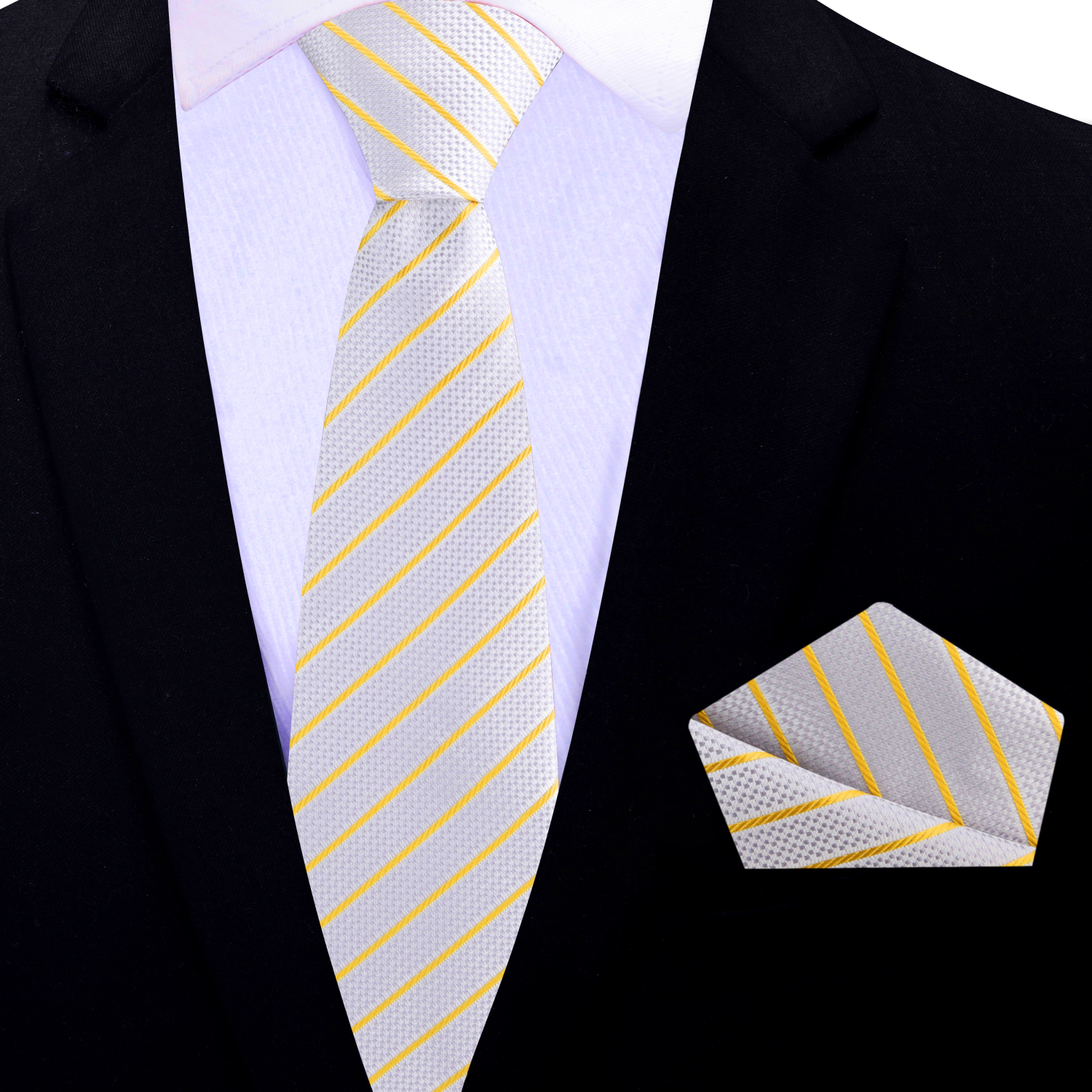 Thin Tie: Silver and Gold Pinstripe Necktie and Square