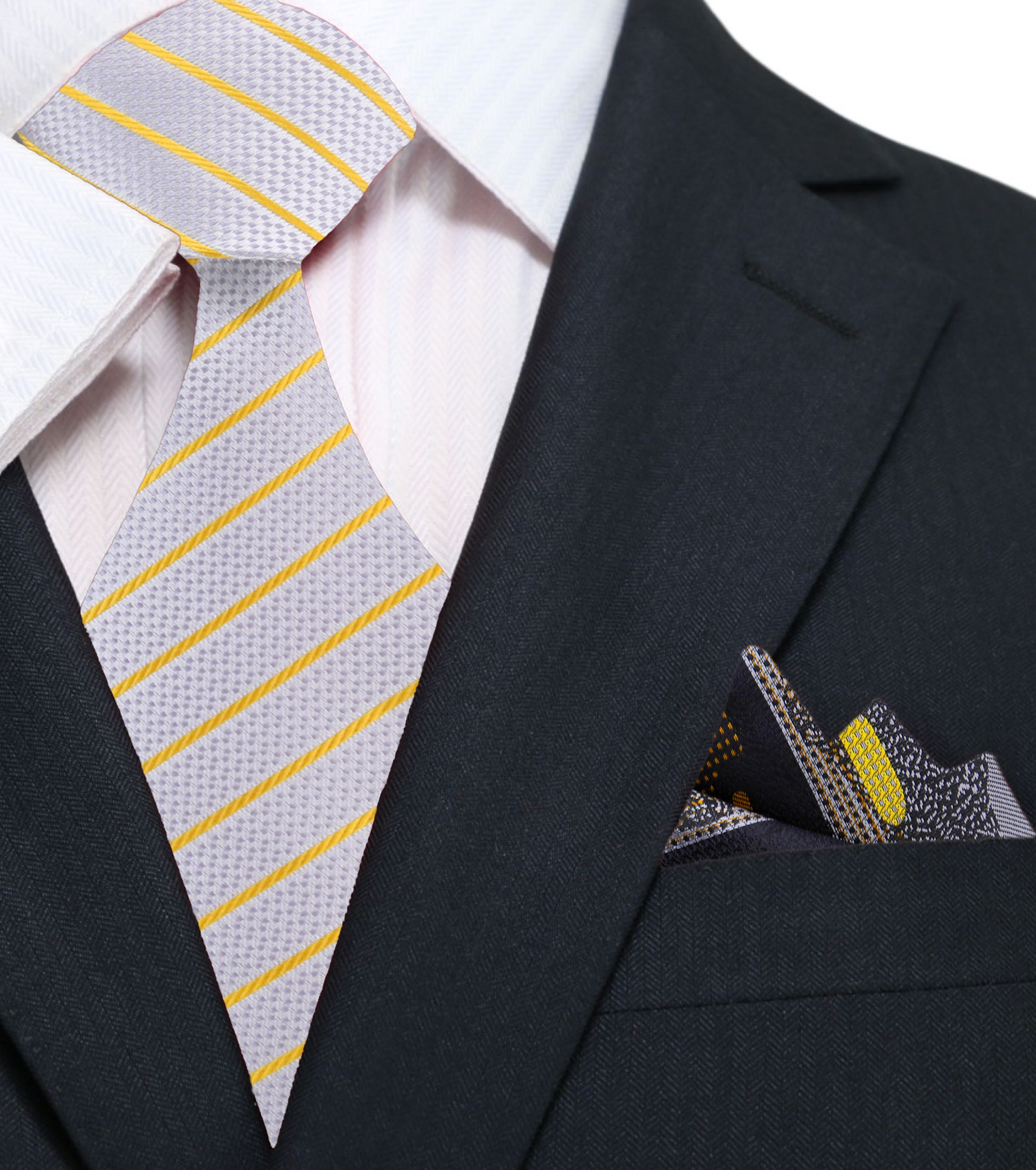 Silver and Gold Pinstripe Necktie and Abstract Square