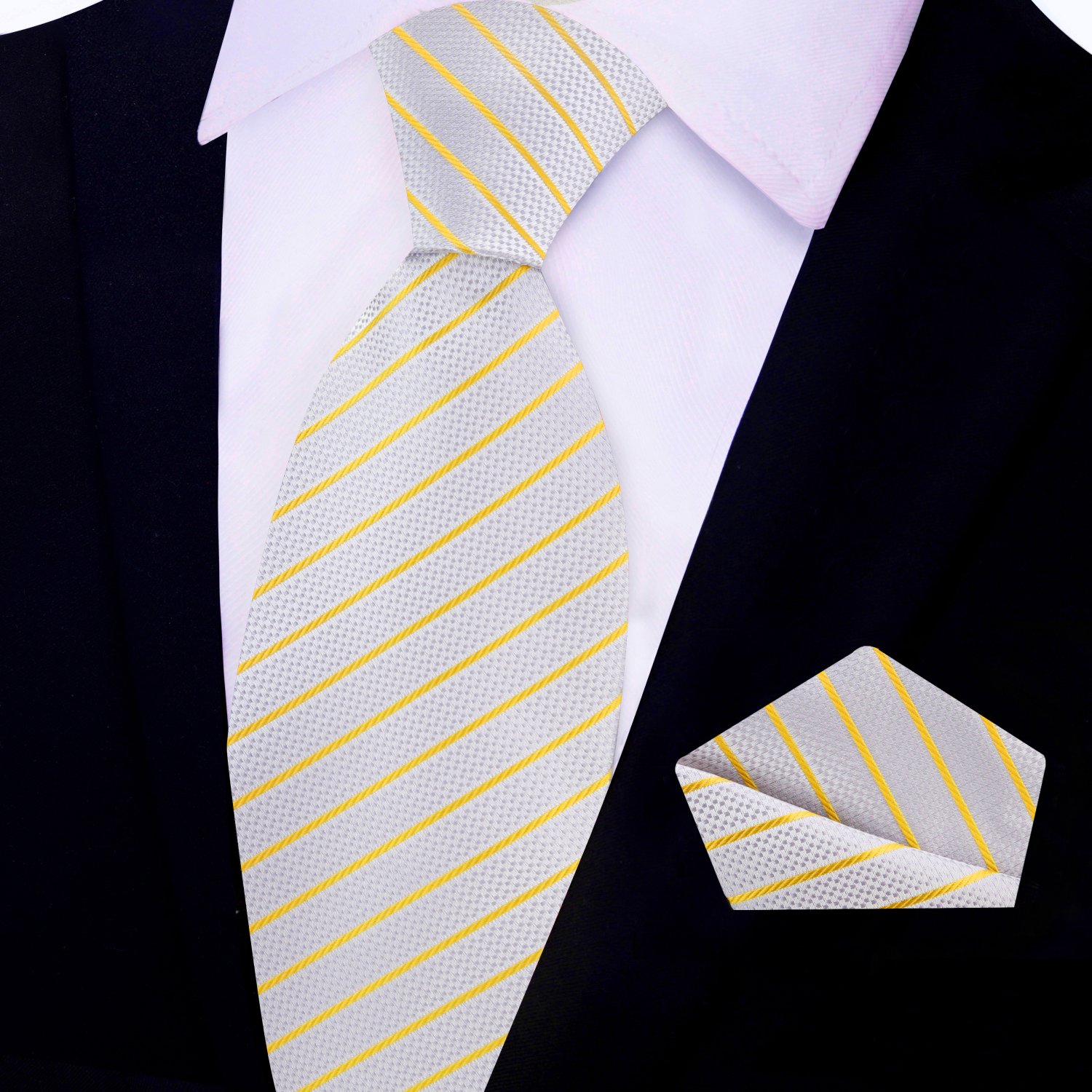 View 2 Silver and Gold Pinstripe Necktie and Square