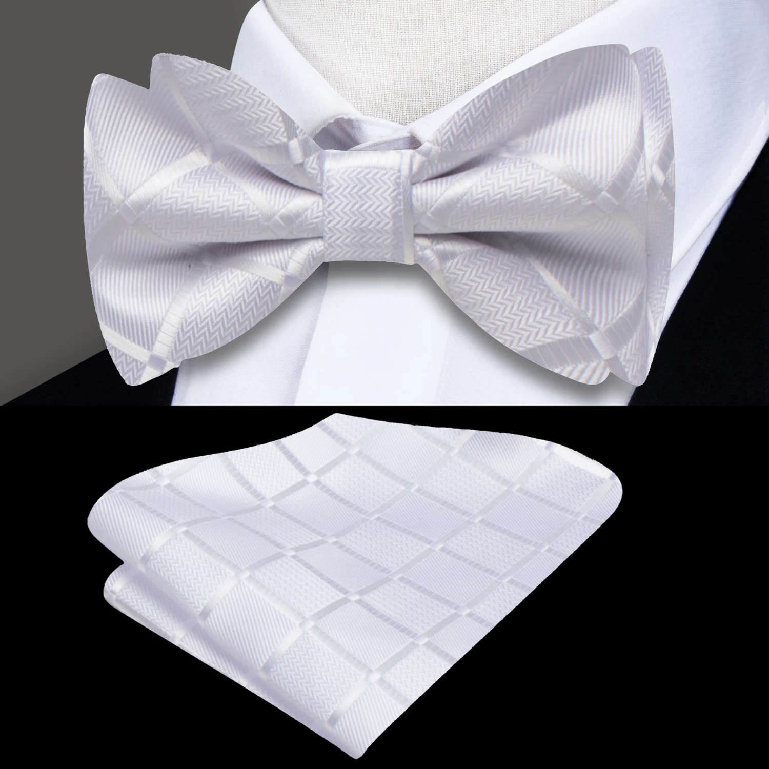White With Geometric Texture Bow Tie and Pocket Square