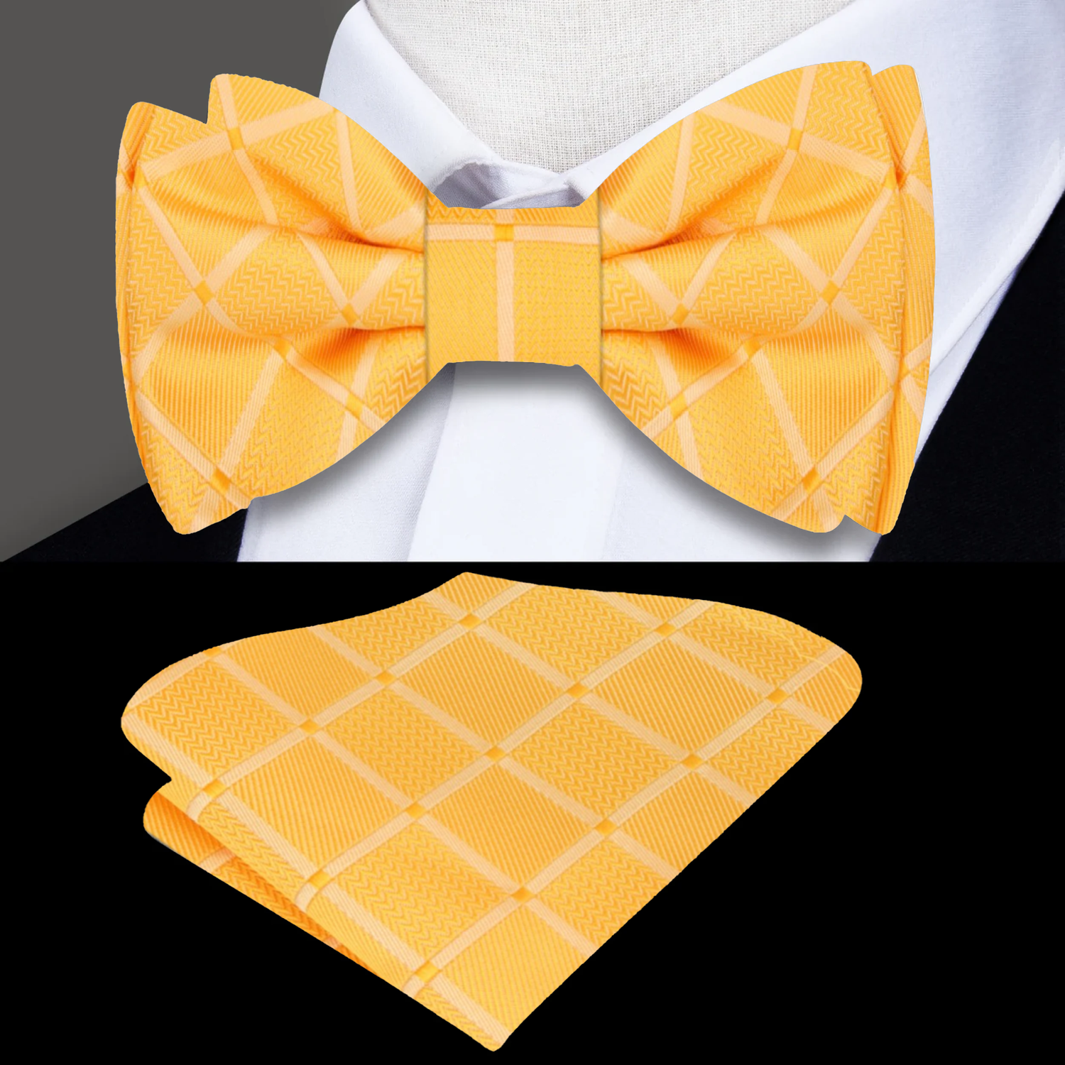 Solid Yellow with Geometric Texture Bow Tie and Pocket Square