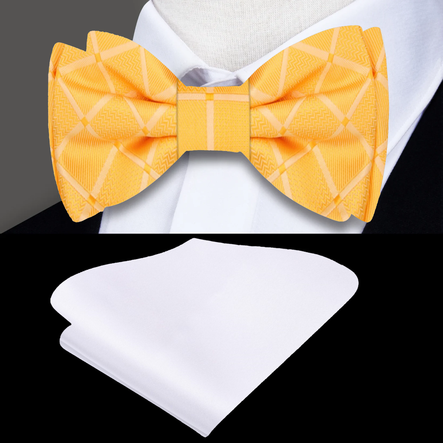 Solid Yellow with Geometric Texture Bow Tie and White Pocket Square