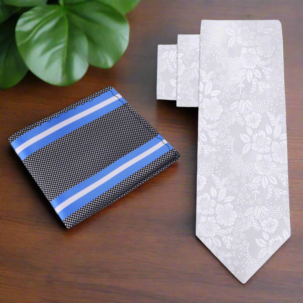 White Floral Tie and Accenting Stripe Square