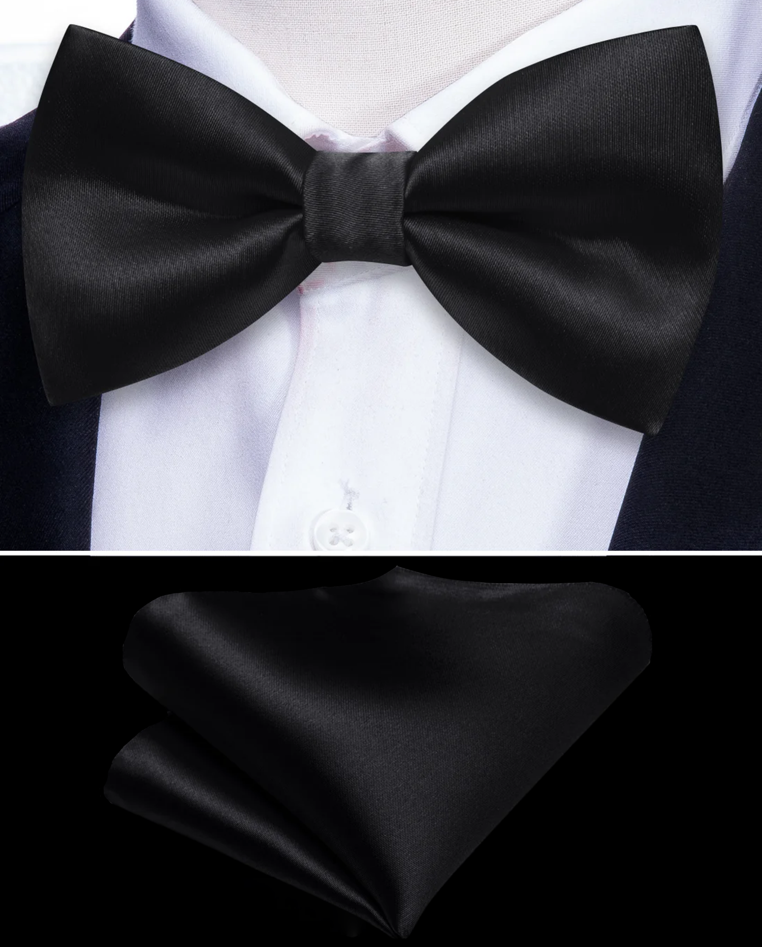 Solid Black Bow Tie and Pocket Square