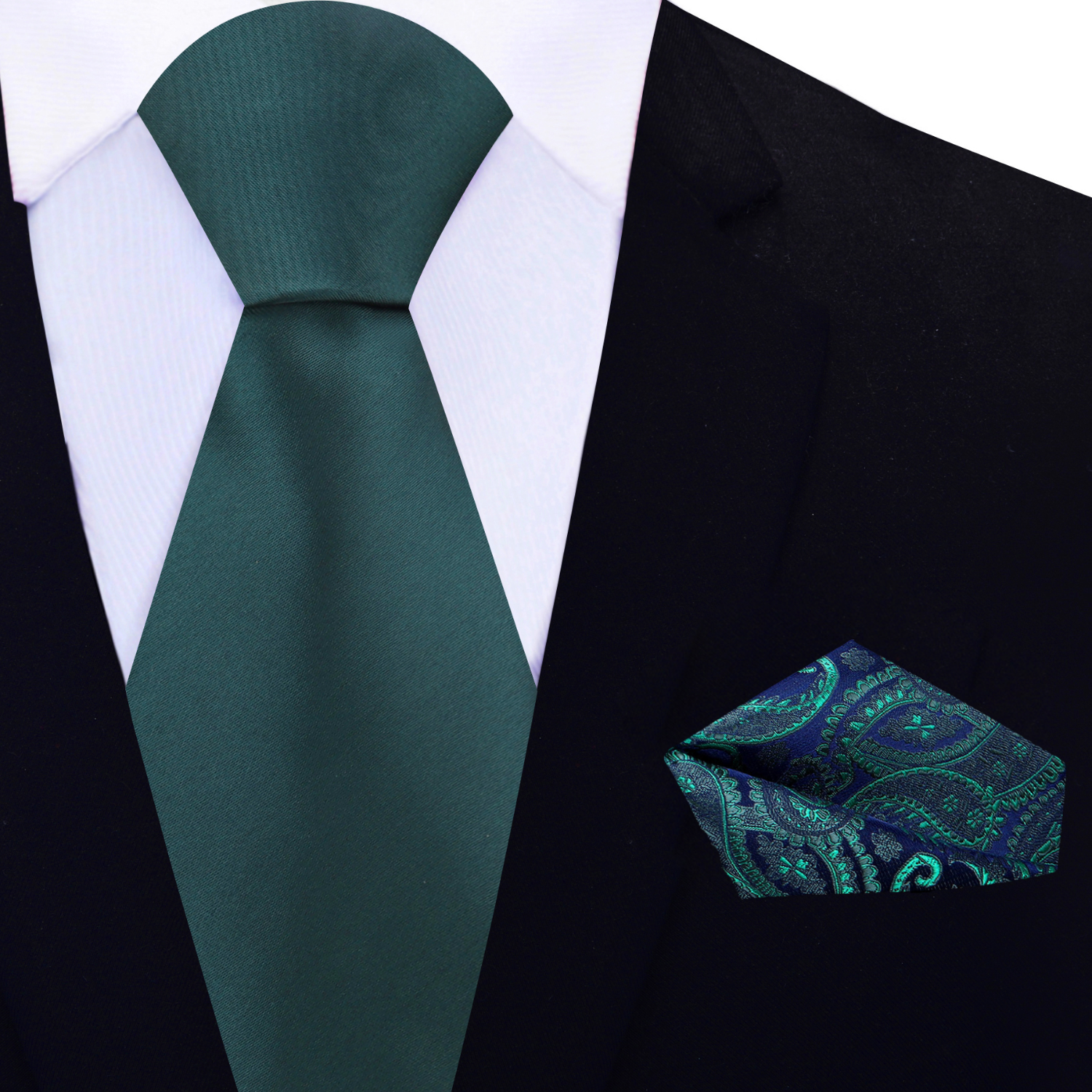 View 2: Solid Forest Green Necktie and Accenting Blue and Green Paisley Square