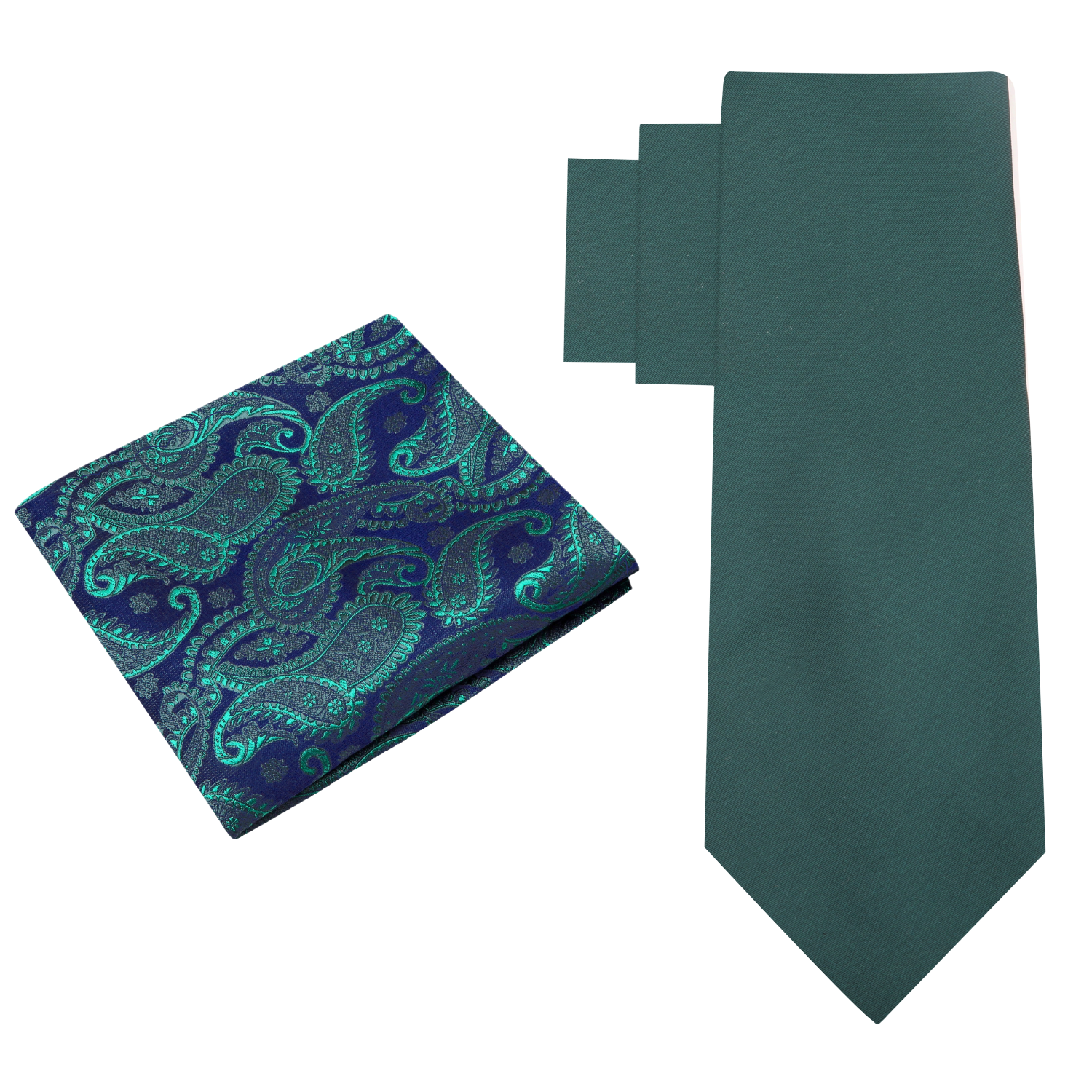 Alt View: Solid Forest Green Necktie and Accenting Blue and Green Paisley Square