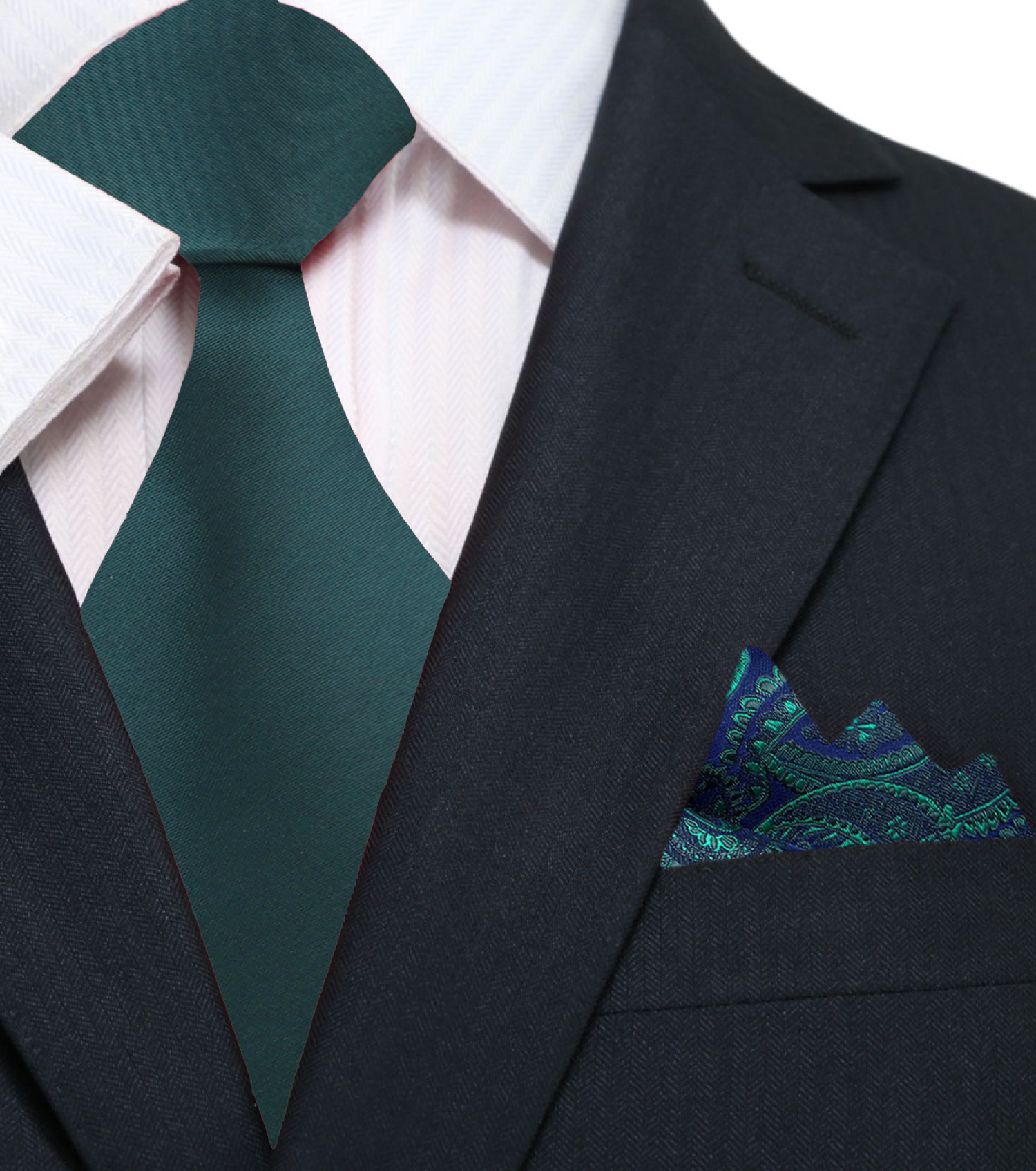 Solid Forest Green Necktie and Accenting Blue and Green Paisley Square