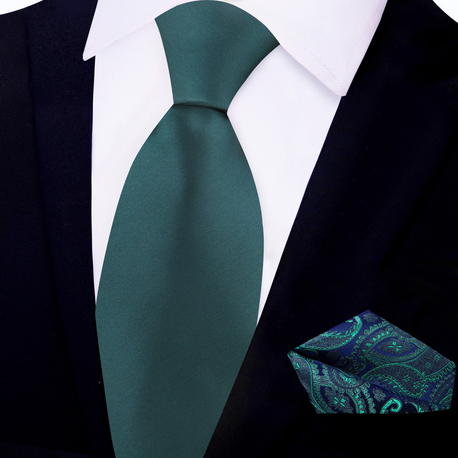 View 3: Solid Forest Green Necktie and Accenting Blue and Green Paisley Square