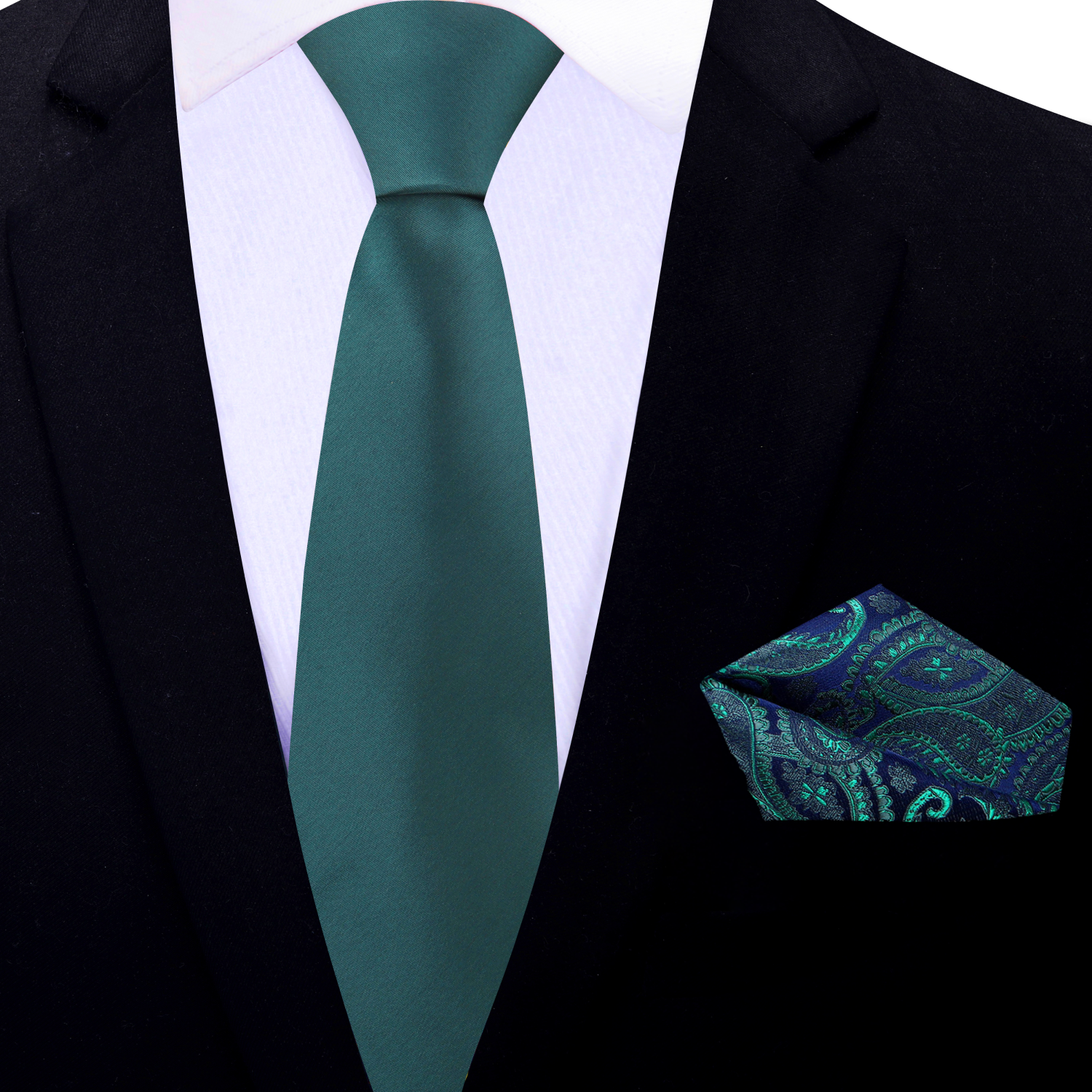 Thin Tie: Solid Forest Green Necktie and Accenting Blue and Green Paisley Square