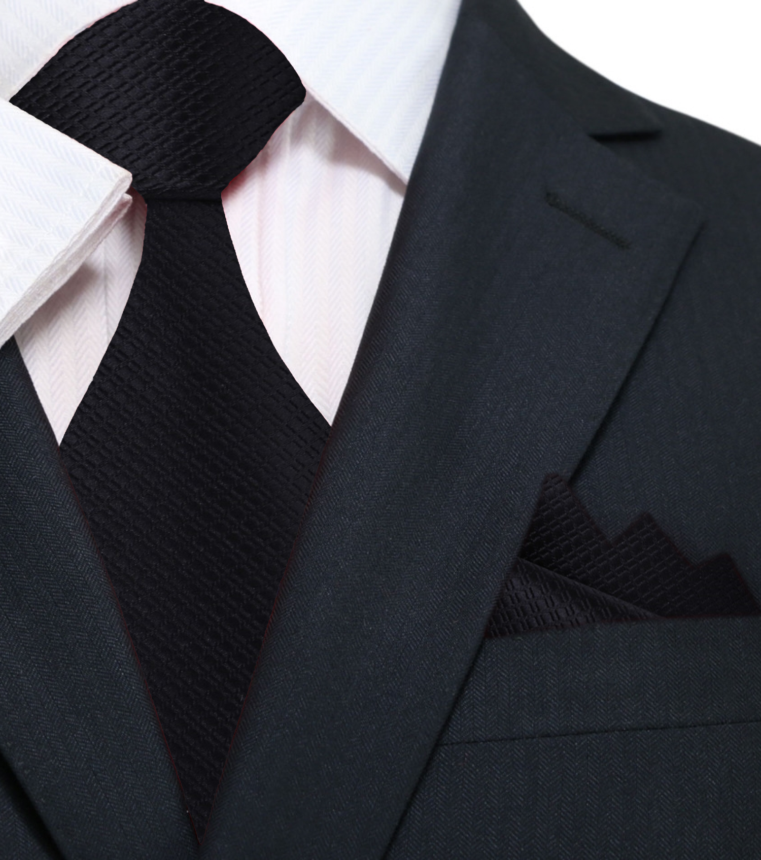 Main A Solid Black Tie With Small Check Texture Pattern Silk Necktie With Matching Pocket Square