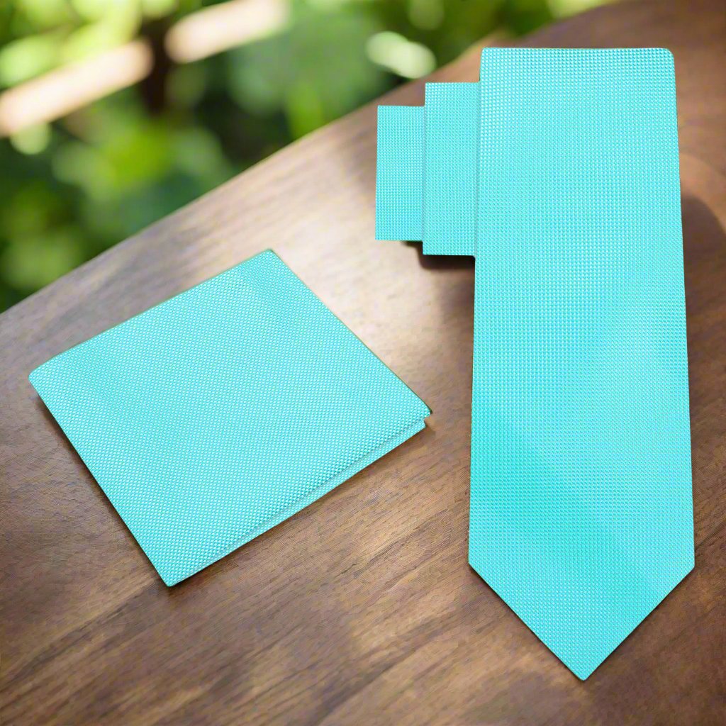Alt View: A Solid Mint Tie With Small Check Texture Pattern Silk Necktie With Matching Pocket Square