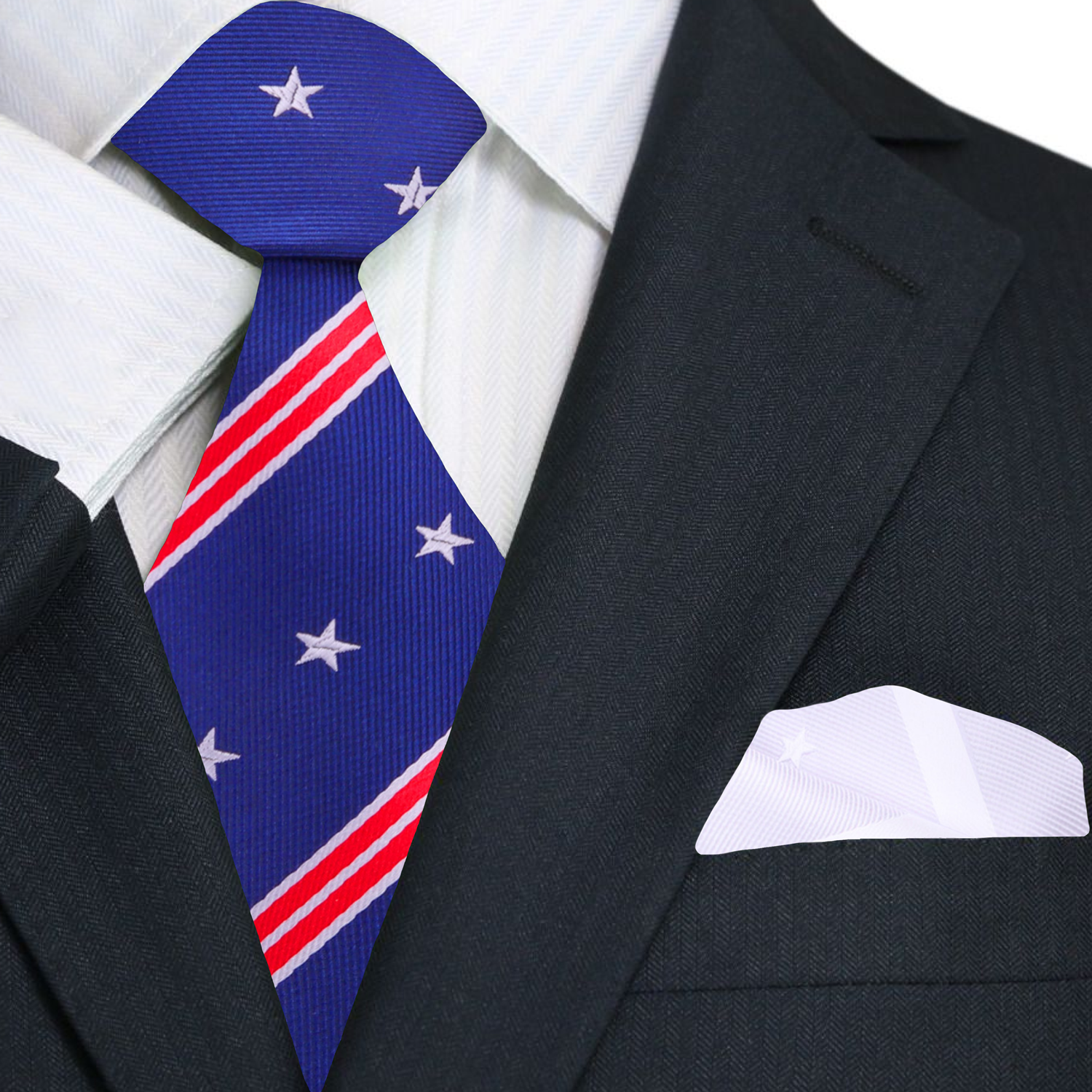 Main Blue, Red, White Stars and Stripes Tie and Pocket Square