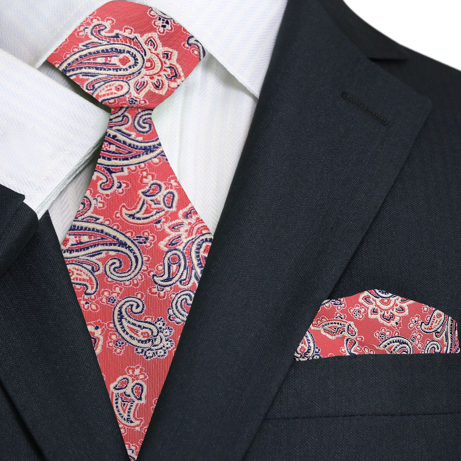 Main A Red, Gold, Black Paisley Pattern Necktie, Matching Pocket Square