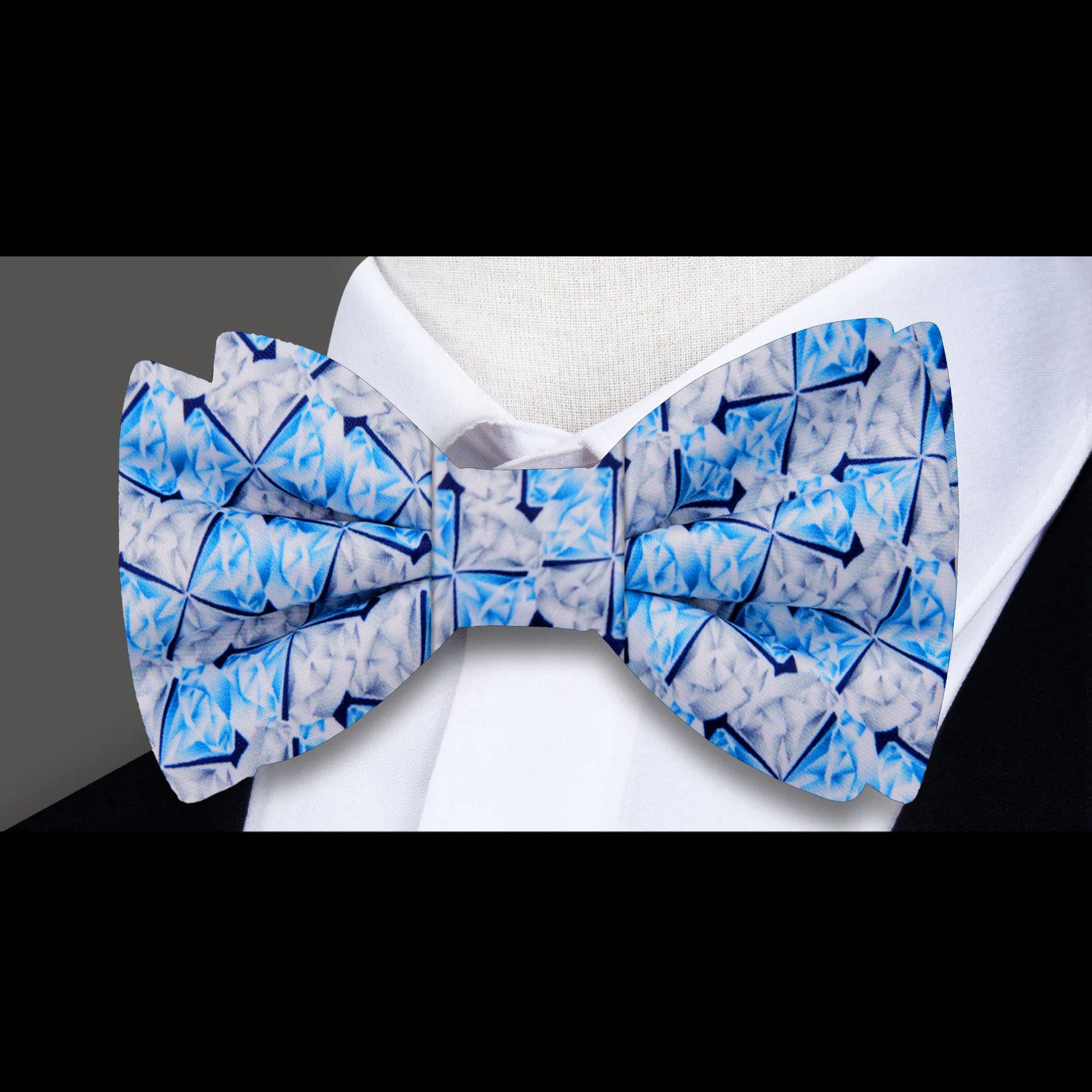 White Grey Blue Diamonds Geometric Bow Tie
