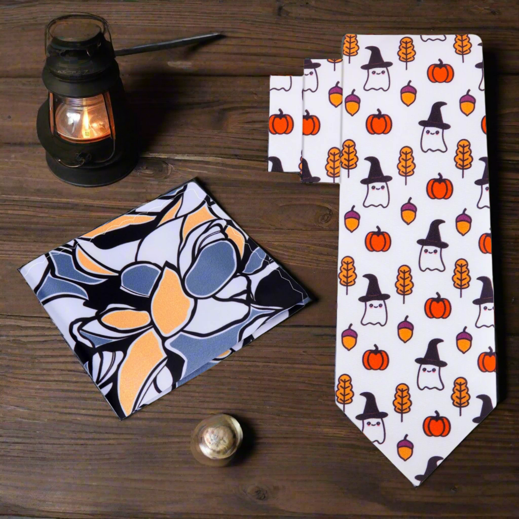 Alt White, Orange, Black Ghost/Witch, Pumpkin, Acorn, Fall Leaf Tie And Accenting Pocket Square