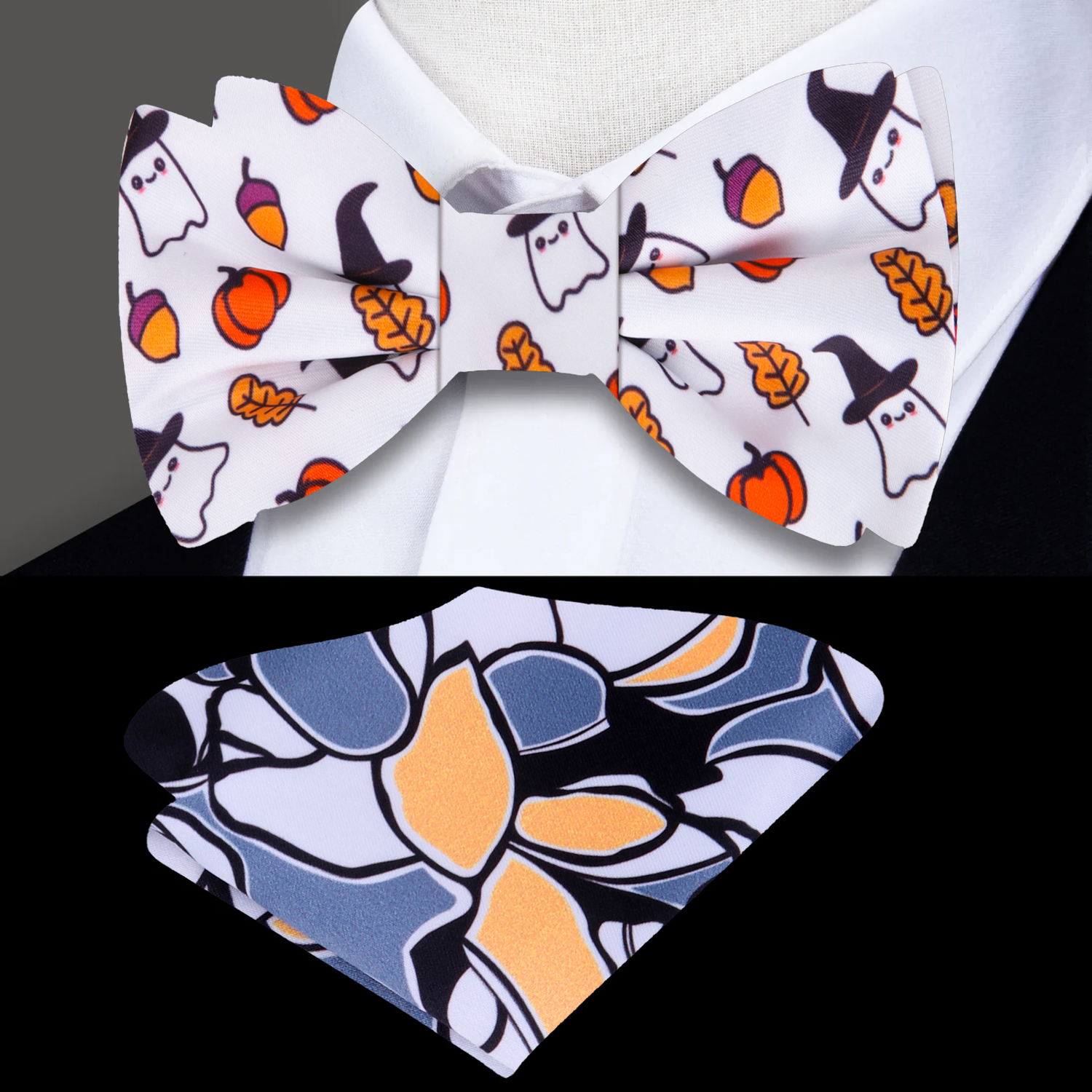White, Black and Orange Halloween Bow Tie and Accenting Pocket Square