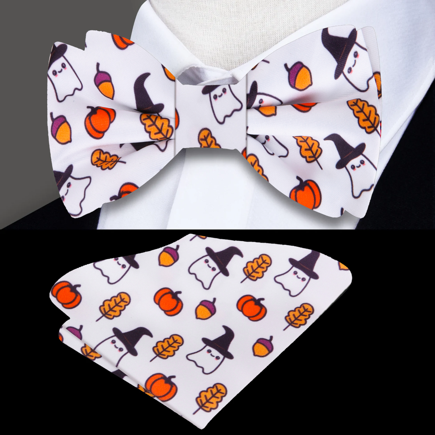 White, Black and Orange Halloween Bow Tie and Pocket Square