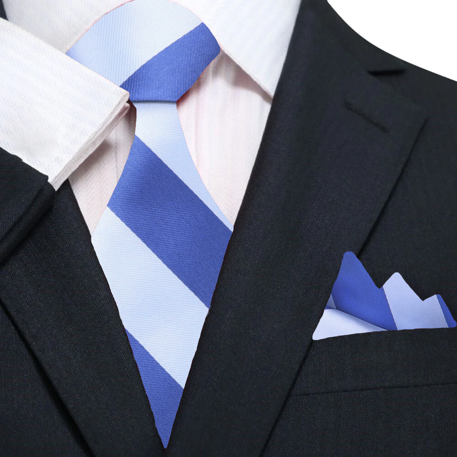 Primary A Five Below Blue, Soft White Color Big Stripe Pattern Silk Necktie, Matching Pocket Square