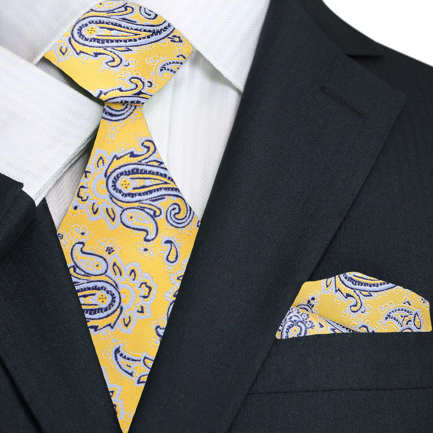 Yellow paisley tie and pocket square set on a black suit jacket.
