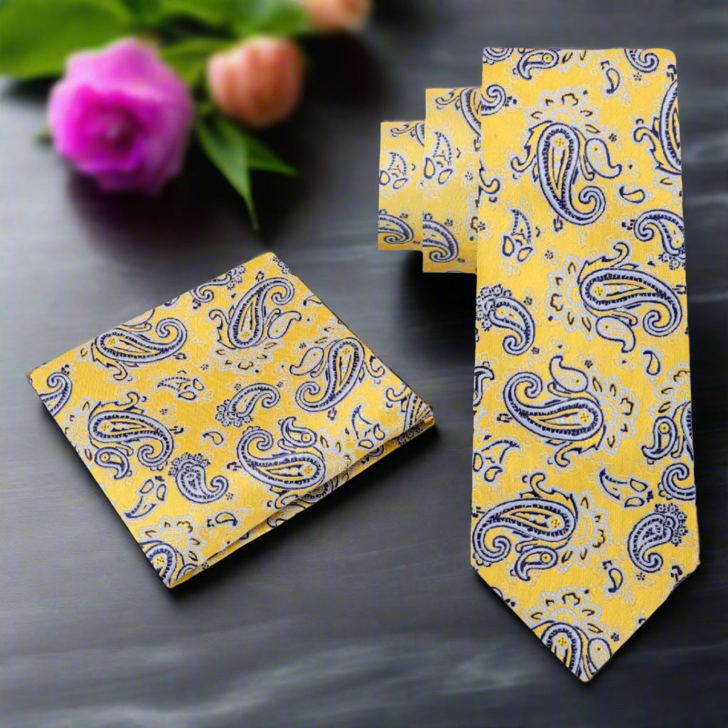 Alt A Yellow, Light Blue, Black, White Paisley Pattern Silk Necktie, Matching Pocket Square