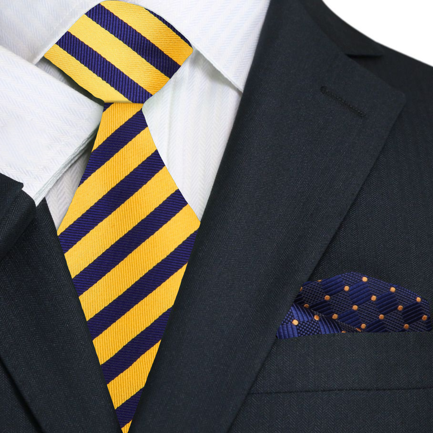 Navy and yellow striped tie with polka pocket square on a suit jacket