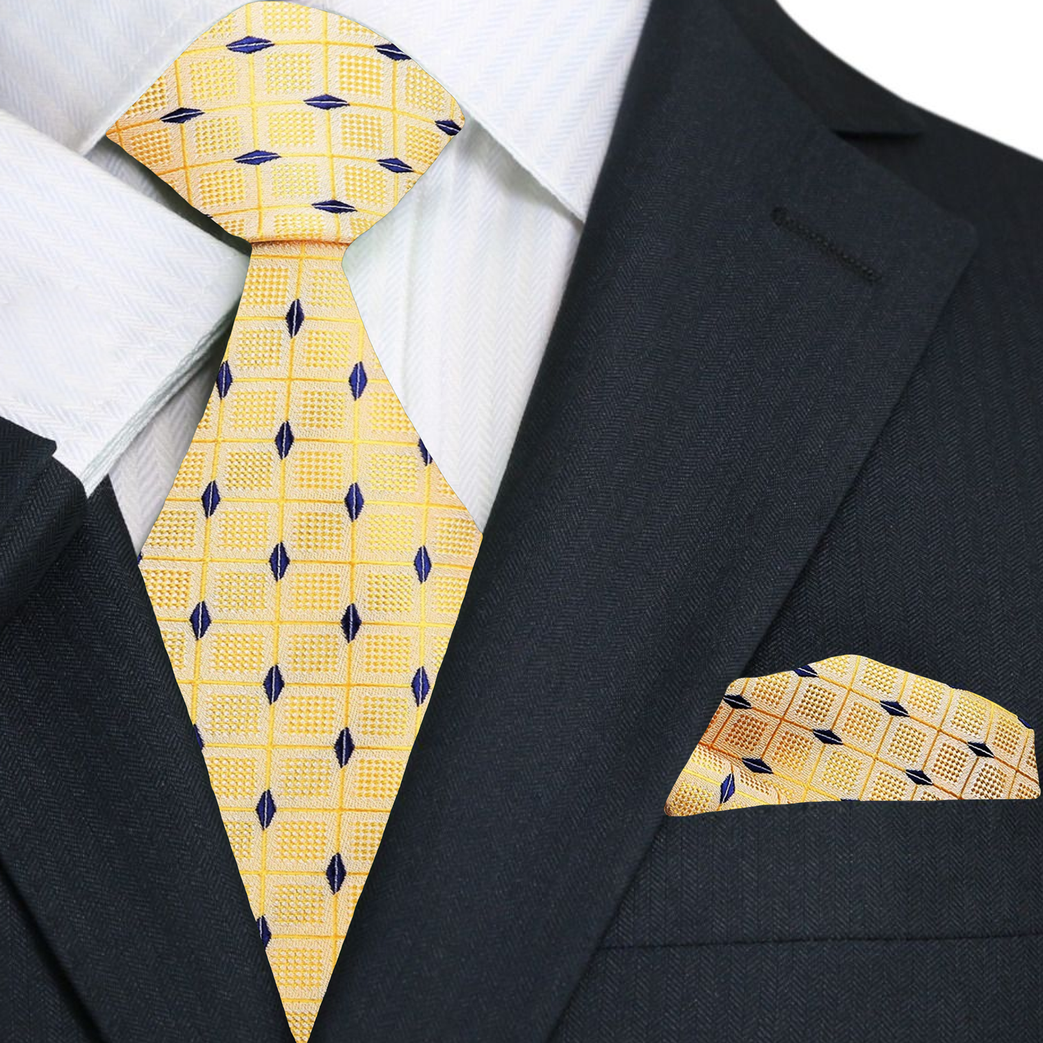 Main: Yellow and Blue Geometric Tie and Pocket Square