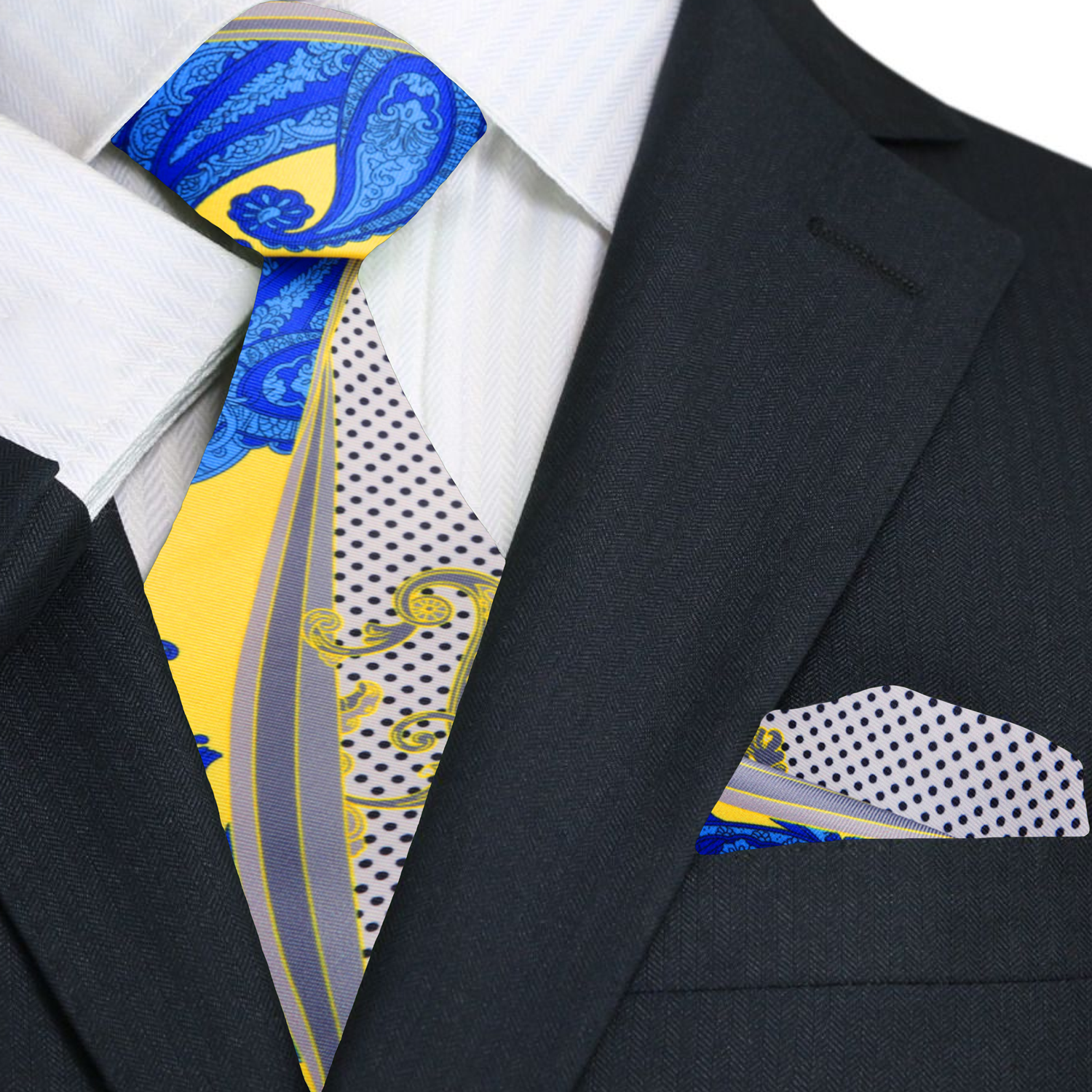 Blue, Yellow, Off-white, Black Paisley Tie and square