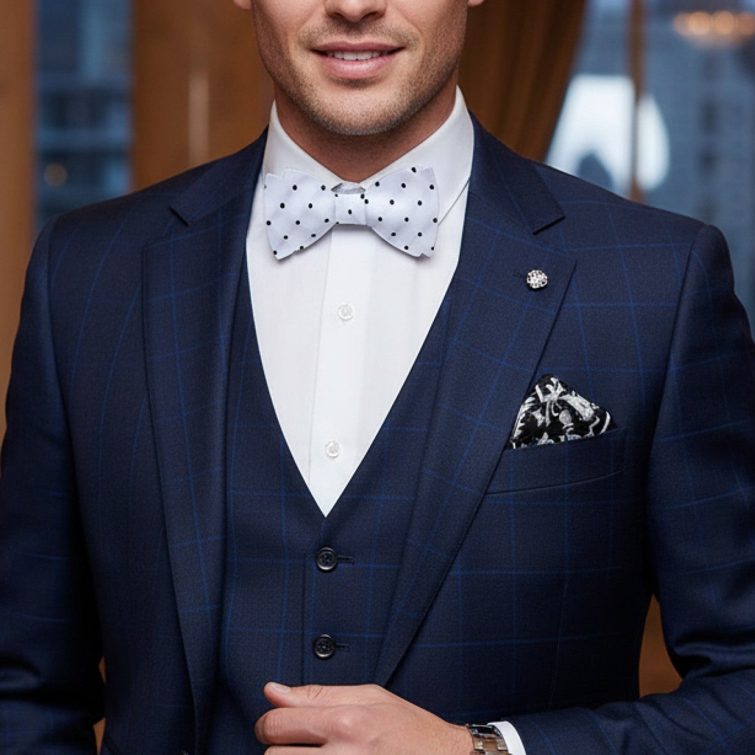 navy blue dress shirt with bow tie White & Black Polka Dot Bow Tie