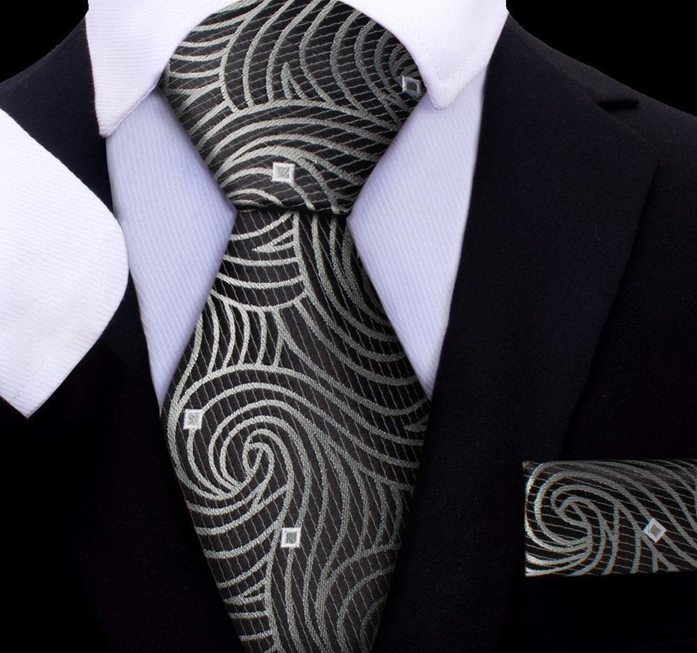 A Grey, Black Abstract Swirl Pattern Silk Necktie, Matching Pocket Square