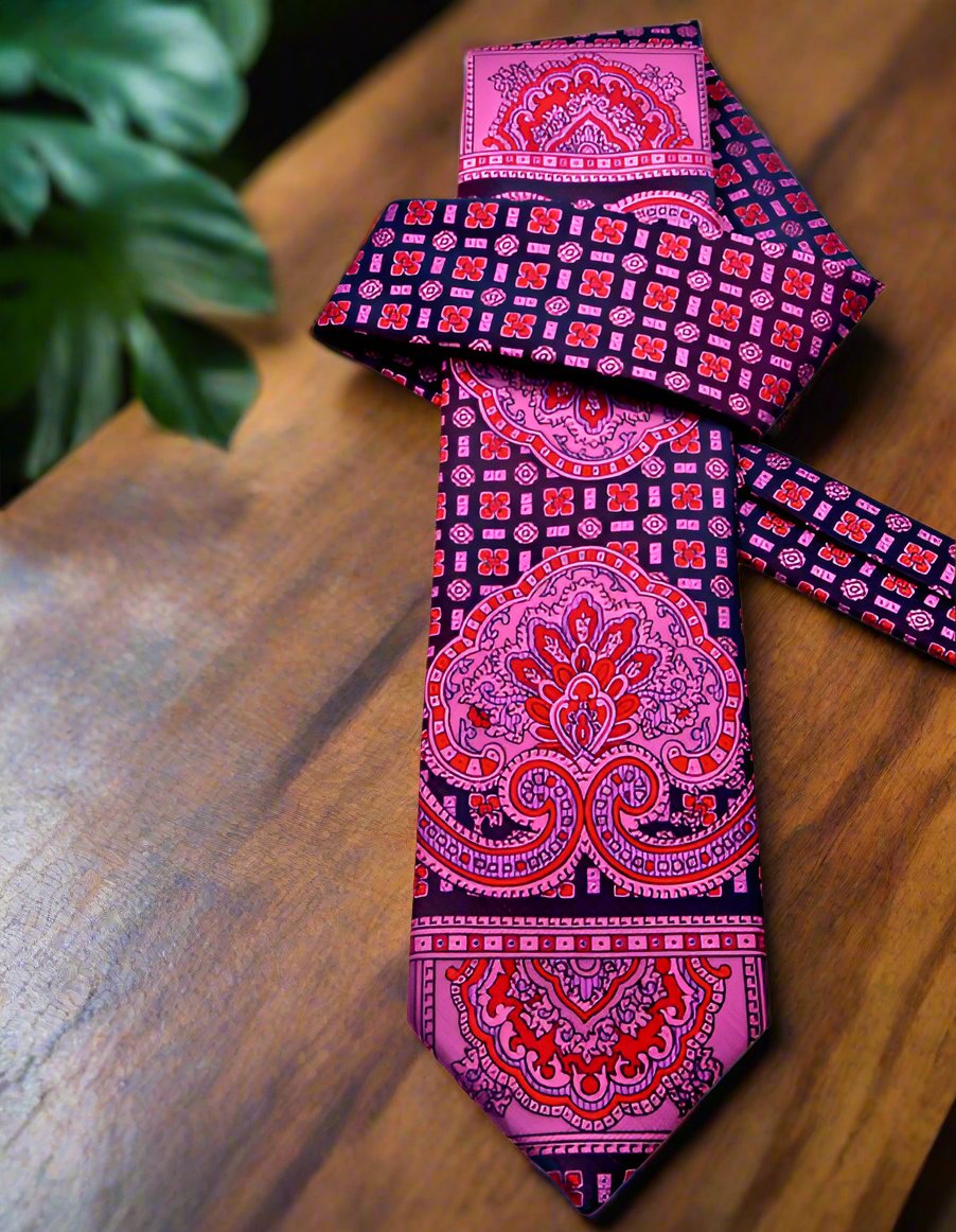 A Pink, Purple Abstract Large Crest With Small Burst and Checks Pattern Silk Necktie