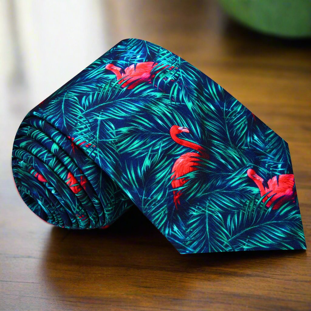 Blue, Green, Pink Leaves and Flamingos Tie