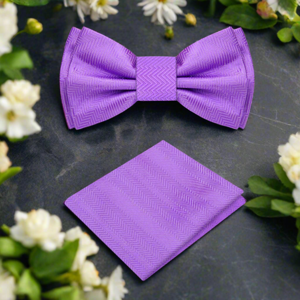 An Amethyst Purple Solid Pattern Self Tie Bow Tie, Matching Pocket Square