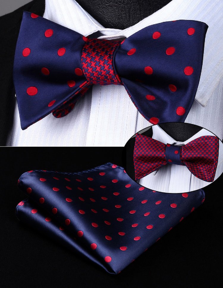 A Blue, Red Hounds tooth and Polka Pattern Silk Self Tie Bow Tie, Matching Pocket Square .||Blue With Red Dots