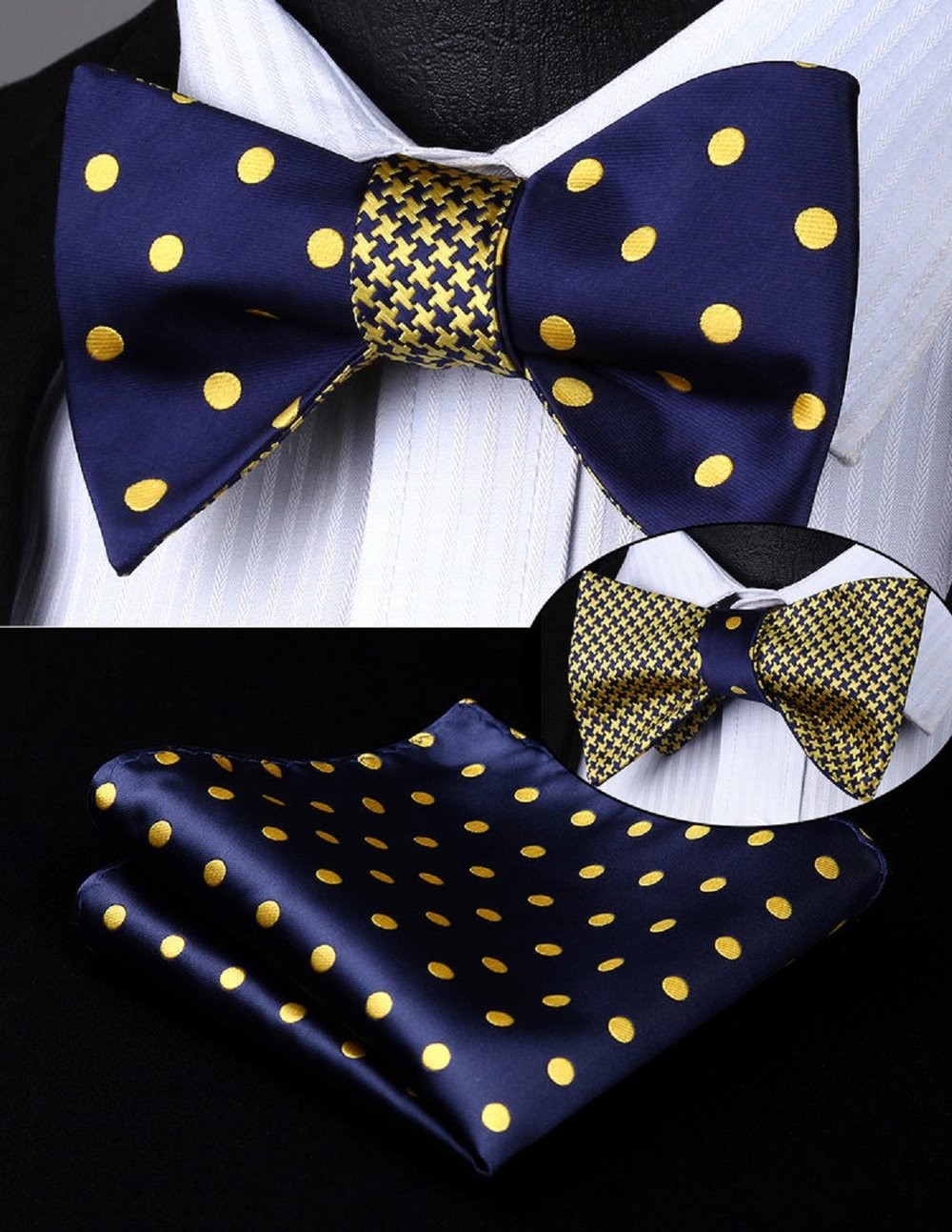 A Gold, Blue Hounds tooth and Polka Pattern Silk Self Tie Bow Tie, Matching Pocket Square  
