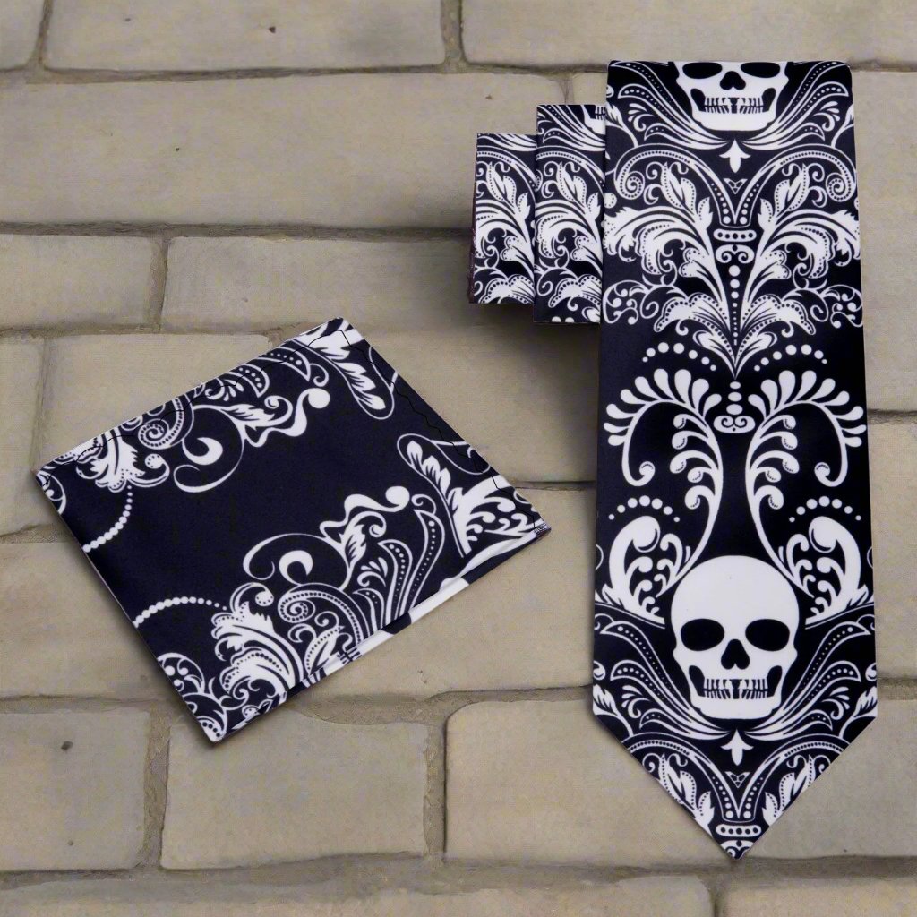 Alt View: Black Light Grey Skull Tie and Pocket Square