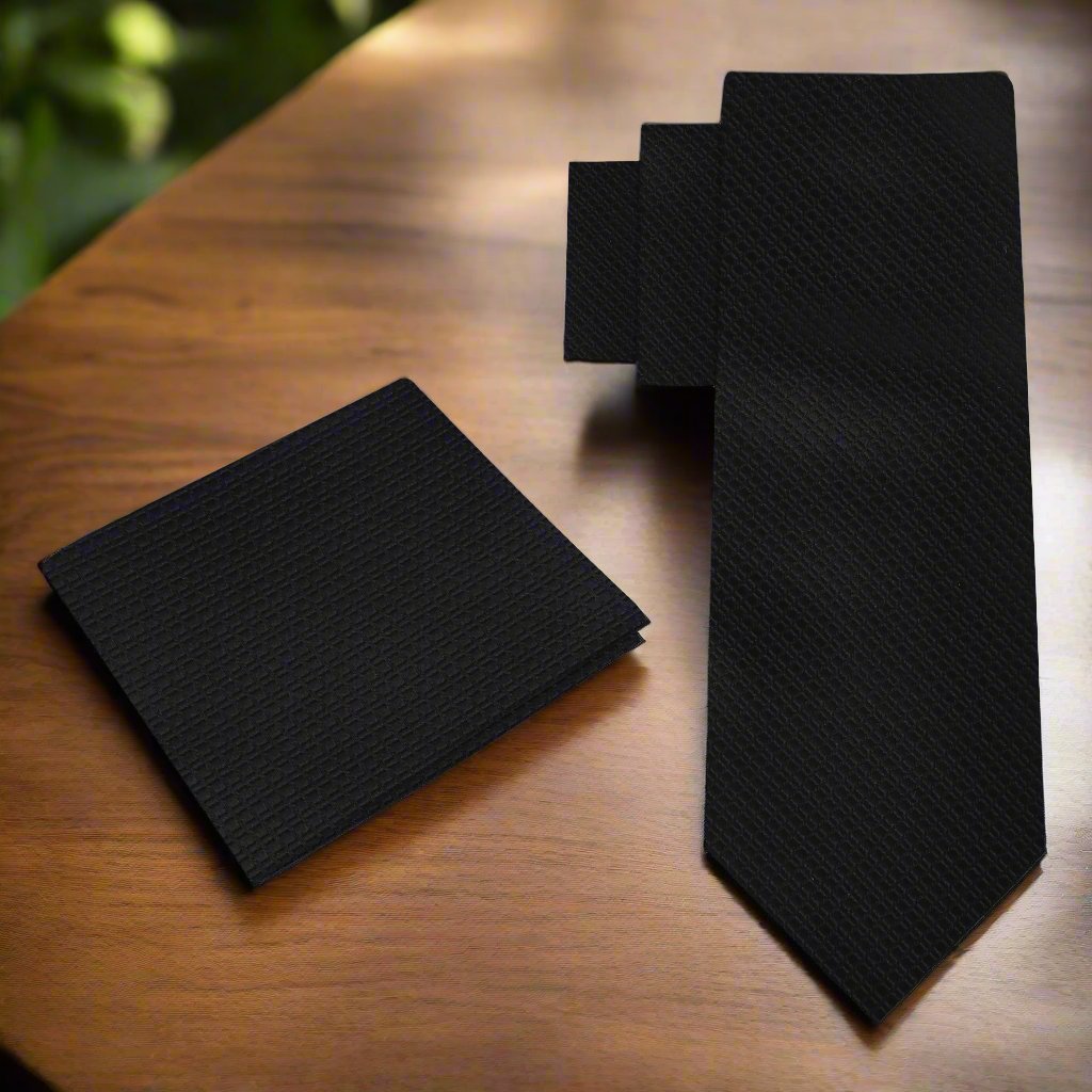 Alt View: A Solid Black Tie With Small Check Texture Pattern Silk Necktie With Matching Pocket Square