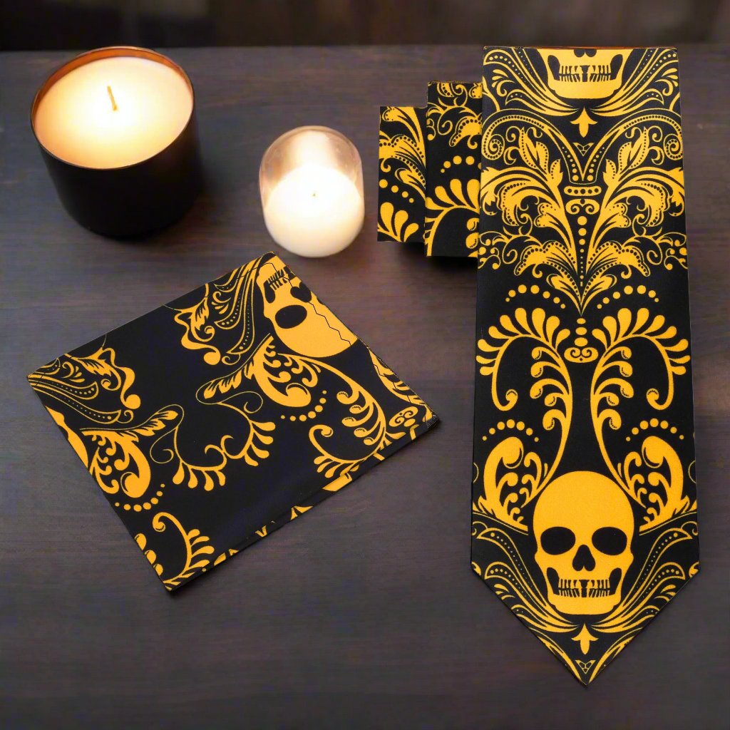 Alt View: Black and Yellow Gold Intricate Skull Tie and Pocket Square