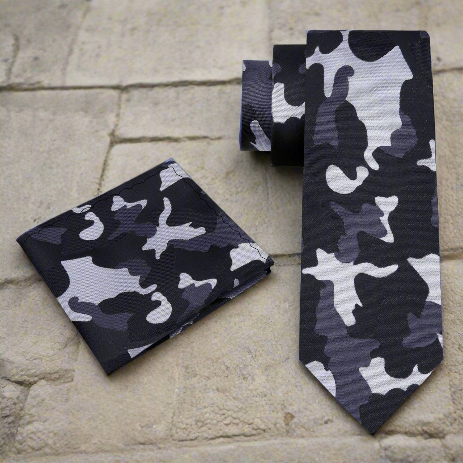 Alt View: A Grey, Dark Grey, Black Color Camouflage Fleck Pattern Necktie, Matching Pocket Square