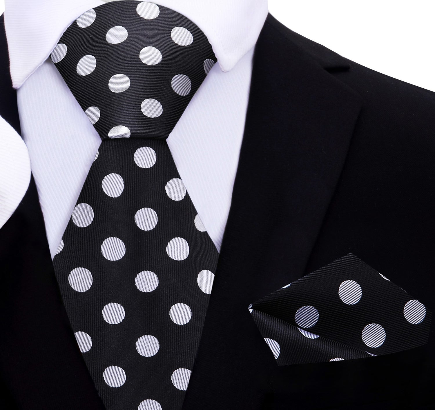 A Black, Grey Polka Dot Pattern Necktie, Matching Pocket Square