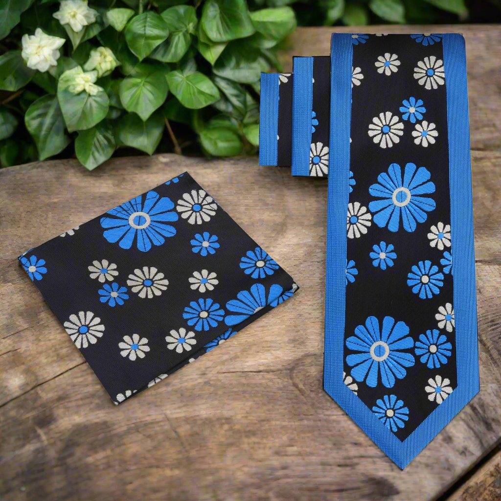 Alt View: Light Blue and Black Cactus Flower Tie and Pocket Square