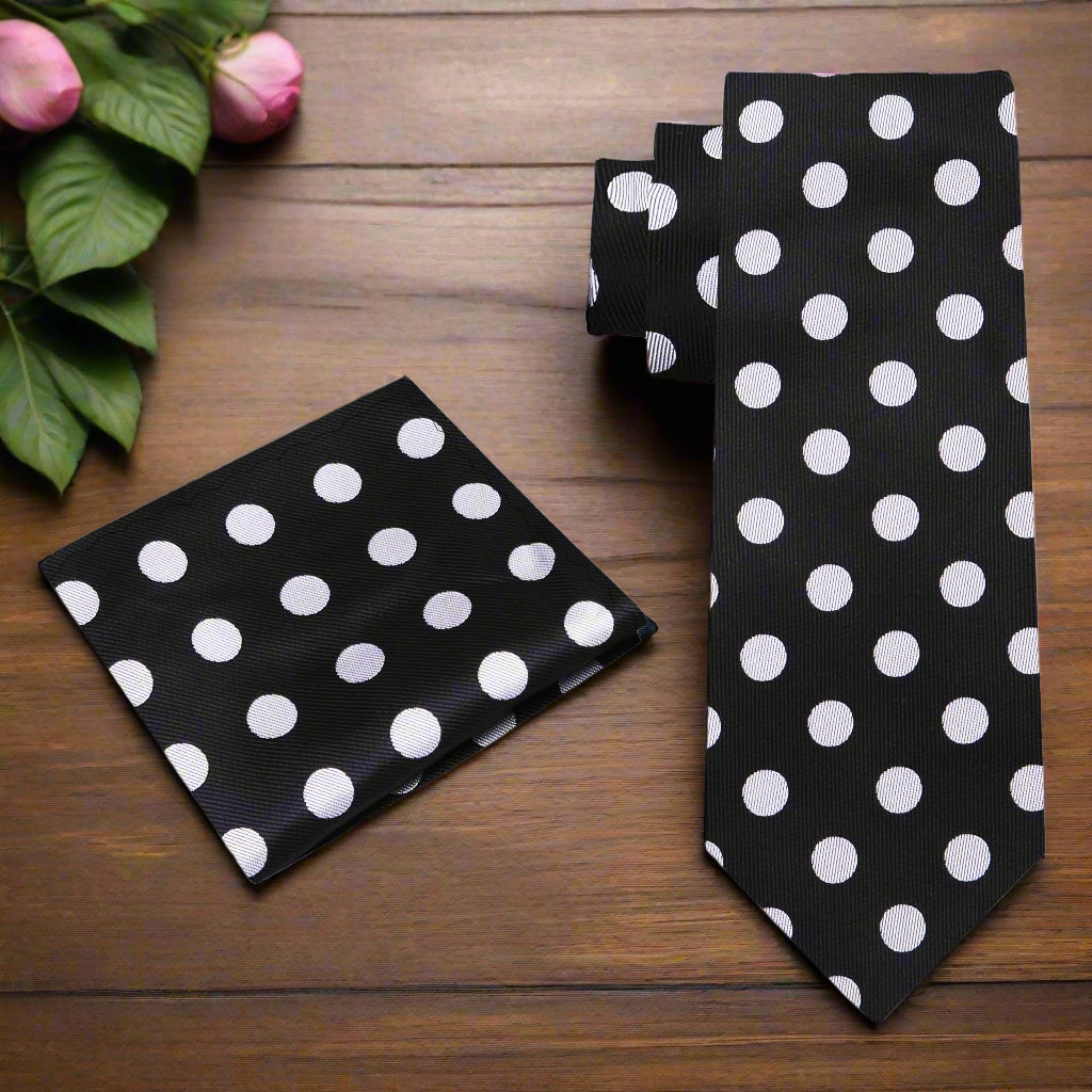 Alt View: A Black, Grey Polka Dot Pattern Necktie, Matching Pocket Square