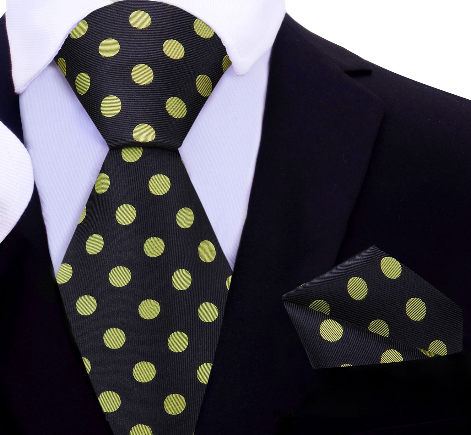 A Black, Yellow Polka Dot Pattern Necktie, Matching Pocket Square