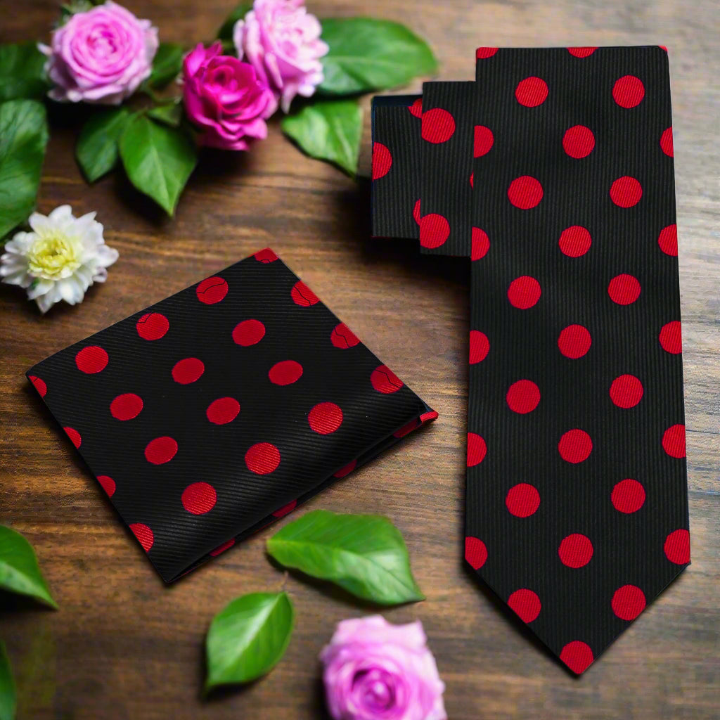 Alt View: A Black, Red Polka Dot Pattern Silk Necktie, Matching Pocket Square