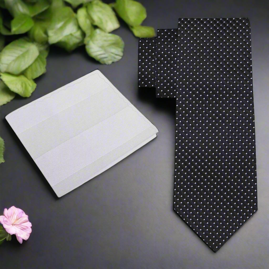 Alt View: A Black Small Geometric Diamond With Small Dots Pattern Necktie With Silver Block Stripe Pocket Square|